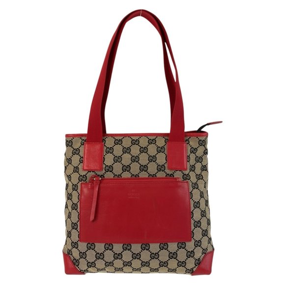 GUCCI Red Beige GG Canvas Leather 019 0402 Tote Bag Shoulder for Women - Picture 1 of 9